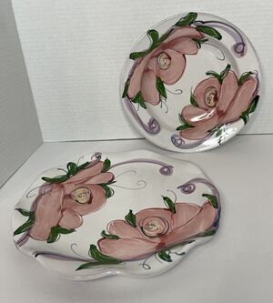 Jan Pugh Packer Creek Pottery Bowl & Plate, Pink Floral Redware Display 2pc Set